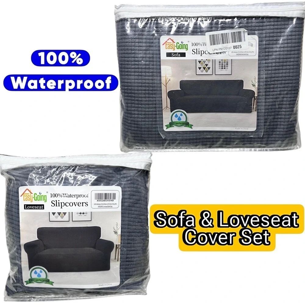 Easy-Going 100% Waterproof Couch Cover Set – Sofa & Loveseat in Dark Gray